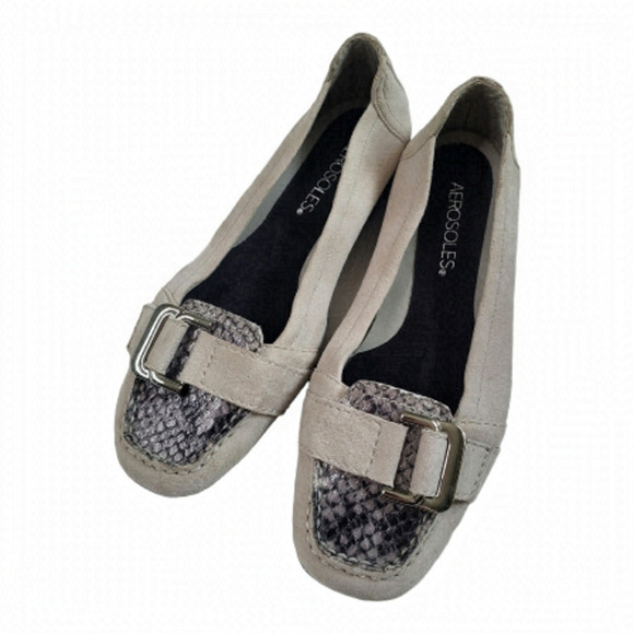AEROSOLES Grey Slip on Shoes. Faux Snakeskin, Buckle. Size 6 NWOT - Picture 1 of 9